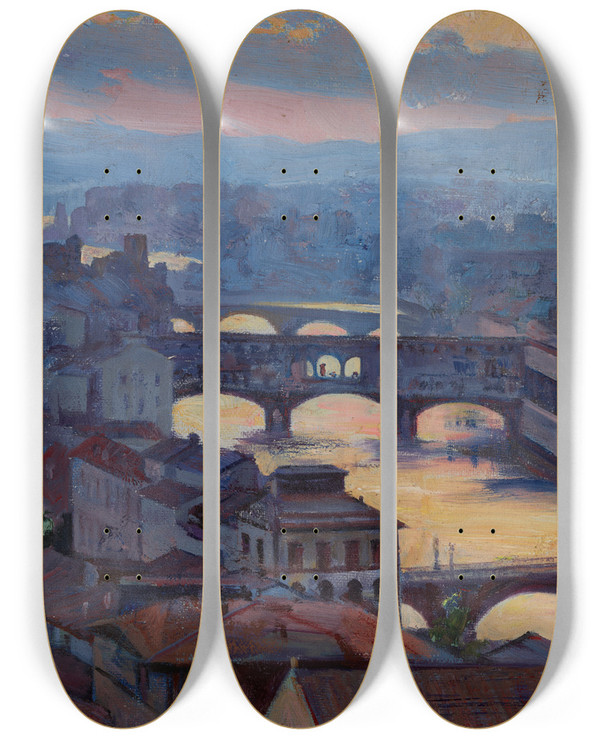 Triptych art skateboard deck of Ambroy Sabatowski Sunset Over Arno by Ambrozy Sabatowski (1871-1920)