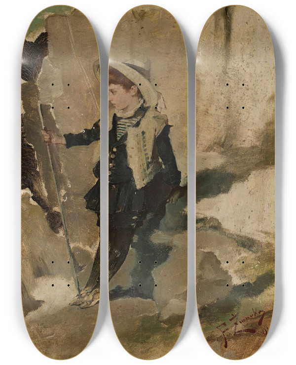 Triptych art skateboard deck of Franciszek Murko Ojcw Boy Against The Rocks by Franciszek Zmurko (1859-1910)