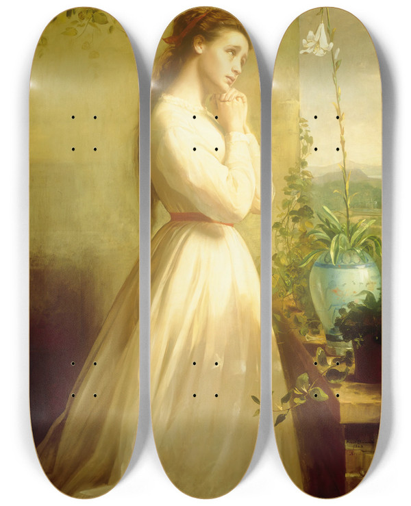 Triptych art skateboard deck of Manuel Ocaranza The Dead Flower by Manuel Ocaranza (1841-1882)