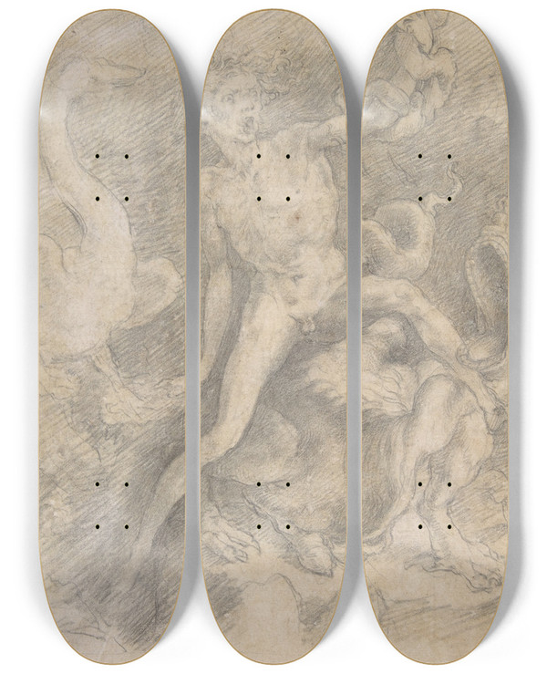 Triptych art skateboard deck of Giovanni Battista Naldini Figure Of Fury After Rosso Fiorentino by Giovanni Battista Naldini (1535-1591)