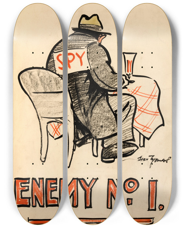 Triptych art skateboard deck of Bert Thomas Enemy No1 by Bert Thomas (1883-1966)