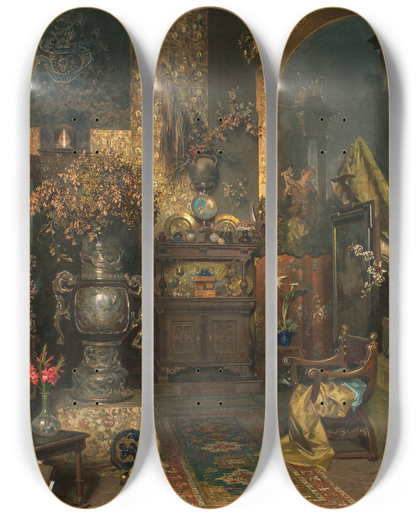 Triptych art skateboard deck of Julius Victor Berger Studio Interior by Julius Victor Berger (1850-1902)