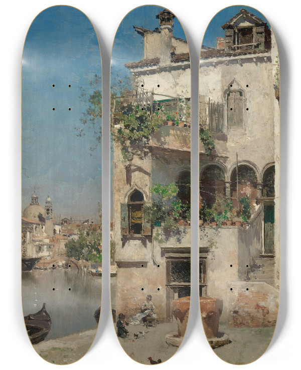 Triptych art skateboard deck of Martin Rico Y Ortega A Quiet Afternoon In Venice by Martin Rico Y Ortega (1833-1908)