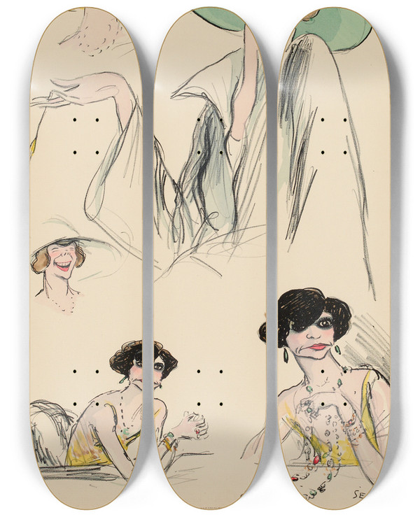 Triptych art skateboard deck of Georges Goursat Sem Croquis De Deux Femmes by Georges Goursat (Sem) (1863-1934)