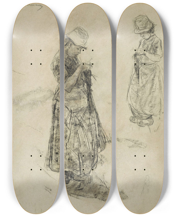 Triptych art skateboard deck of Max Liebermann Strickende Mdchen Girls Knitting by Max Liebermann (1847-1935)