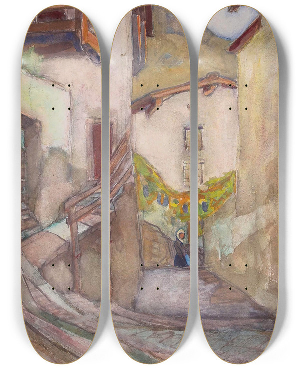 Triptych art skateboard deck of Artur Nikodem Gasse In Garda by Artur Nikodem (1870-1940)