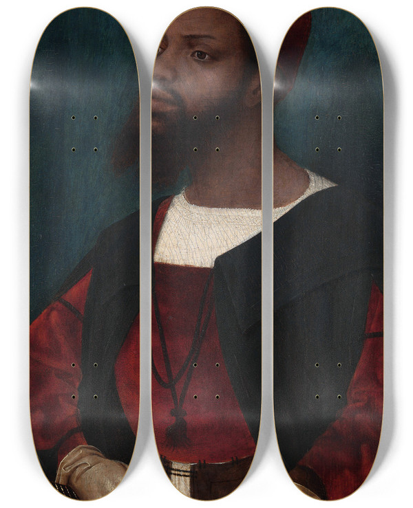 Triptych art skateboard deck of Jan Jansz Mostaert Portrait Of An African Man by Jan Jansz Mostaert (1475-1552)
