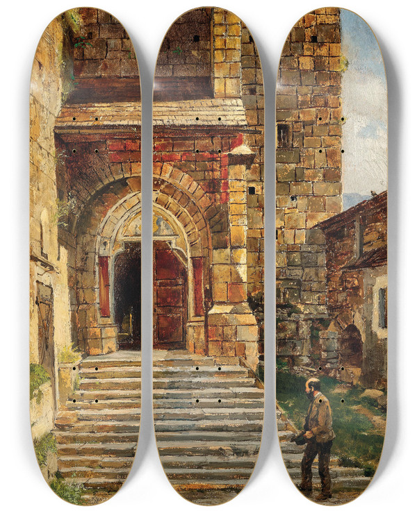 Triptych art skateboard deck of Hugo Darnaut Aufgang Zur Kirche In Eisenerz by Hugo Darnaut (1850-1937)