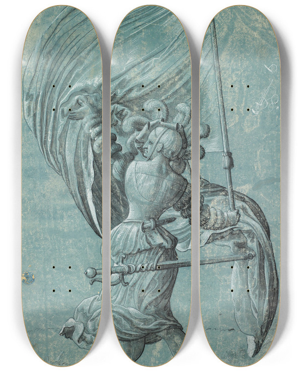 Triptych art skateboard deck of Niklaus Manuel Kriegerisch Ausgerstetes Mdchen Als Fahnentrgerin by Niklaus Manuel (1484-1530)