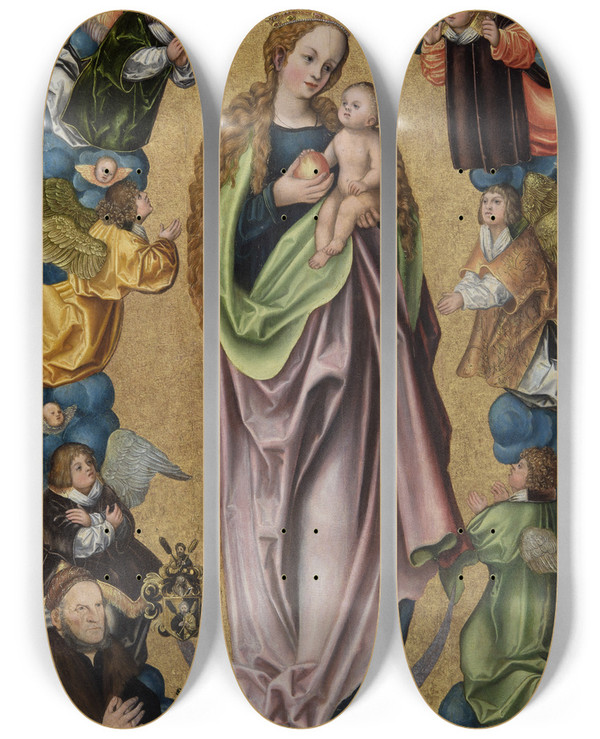 Triptych art skateboard deck of Follower Of Lucas Cranach The Elder Virgin On The Crescent Moon Worshipped By The Donor Hieronymus Rudelauf by Follower Of Lucas Cranach The Elder (1472-1553)