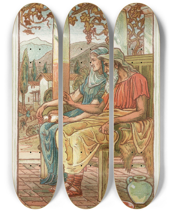Triptych art skateboard deck of Walter Crane Philemon And Baucis by Walter Crane (1845-1915)