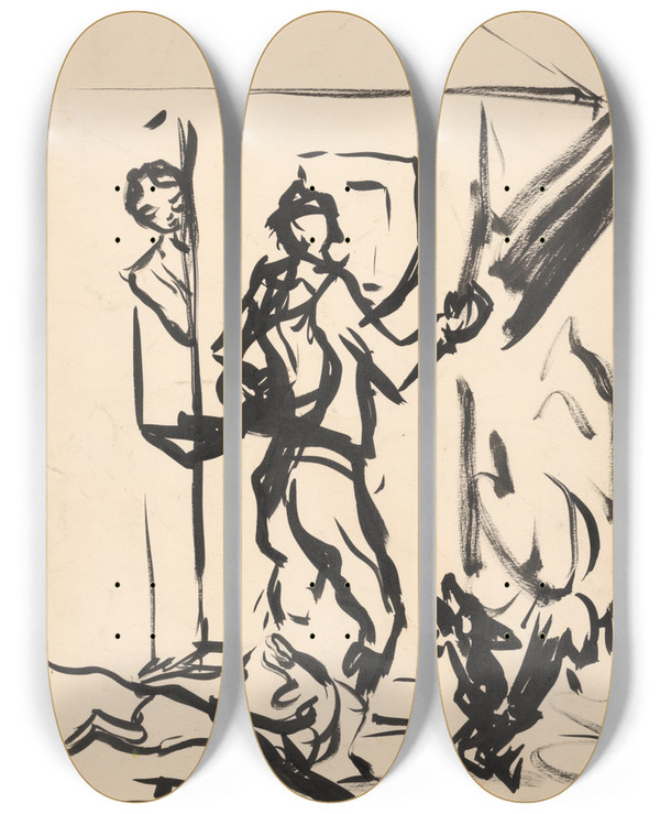 Triptych art skateboard deck of Arnold Peter Weiszkubnan Leaving For A Hunt by Arnold Peter Weisz-Kubnan (1898-1944)