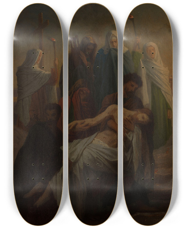 Triptych art skateboard deck of Mile Signol Lensevelissement Du Christ Jsus Descendu De La Croix by mile Signol (1804-1892)