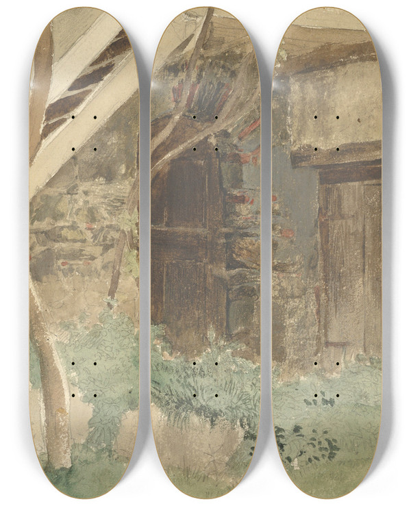 Triptych art skateboard deck of Friedrich Eduard Meyerheim A Wooden Door Of A Farm Building Near Merano by Friedrich Eduard Meyerheim (1808-1879)