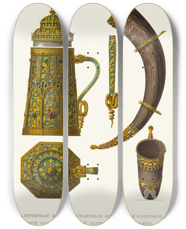 Triptych art skateboard deck of Fedor Grigoryevich Solntsev Serebrianaia Kruzhka Ukrashennaia Finiftiu I Kameniami I Turii Rog Opravlennyi Zolotom I Kameniami by Fedor Grigoryevich Solntsev (1801-1892)
