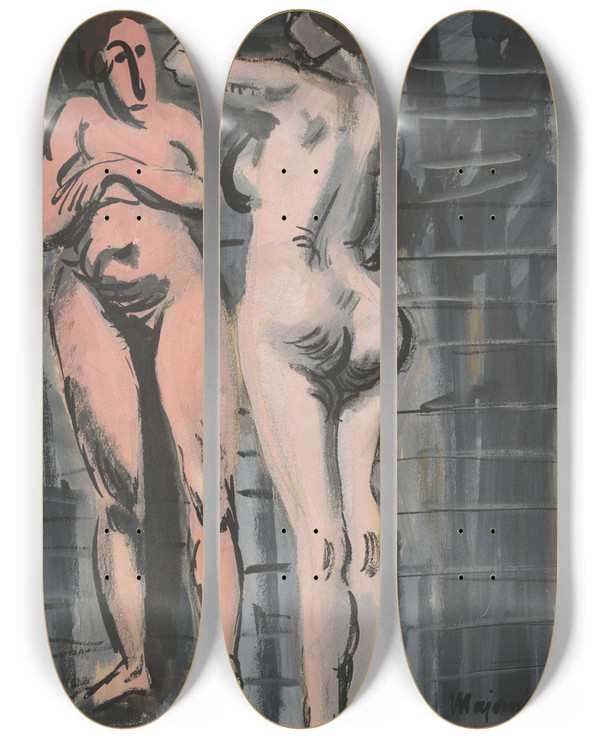 Triptych art skateboard deck of Cyprin Majernk Two Female Nudes by Cyprian Majernik (1909-1945)