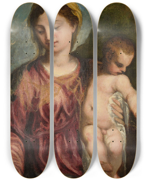 Triptych art skateboard deck of Andrea Schiavone Madonna And Child by Andrea Schiavone (1500-1563)