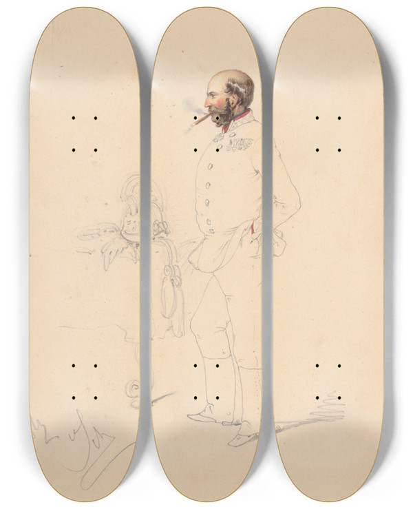 Triptych art skateboard deck of Friedrich Carl Von Scheidlin Man With A Cigar by Friedrich Carl Von Scheidlin (1822-1913)