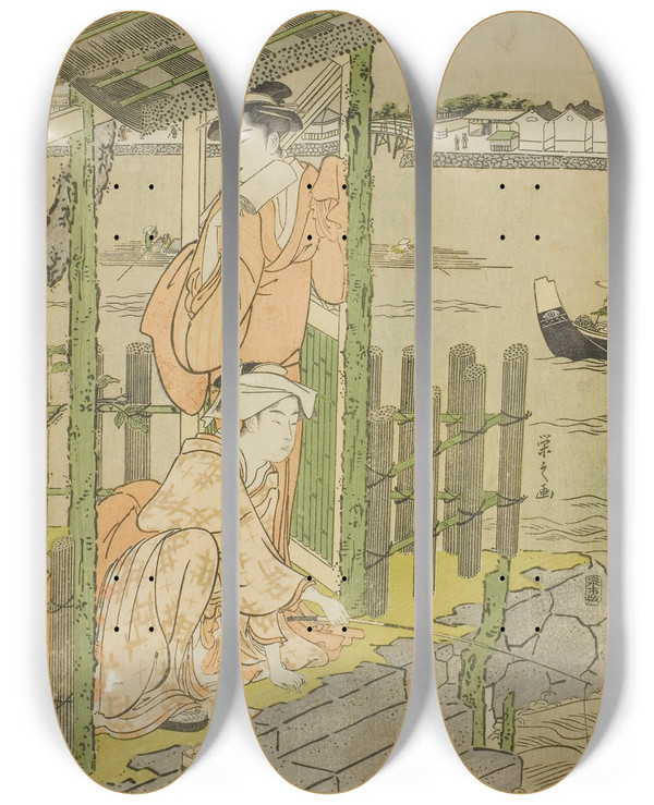 Triptych art skateboard deck of Chbunsai Eishi Gathering At A Teahouse On The Bank Of The Sumida River by Chobunsai Eishi (1756-1829)