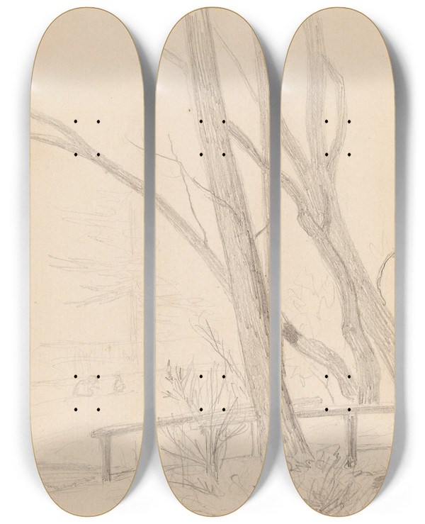 Triptych art skateboard deck of Hans Gude Trr I Landskap by Hans Gude (1825-1903)