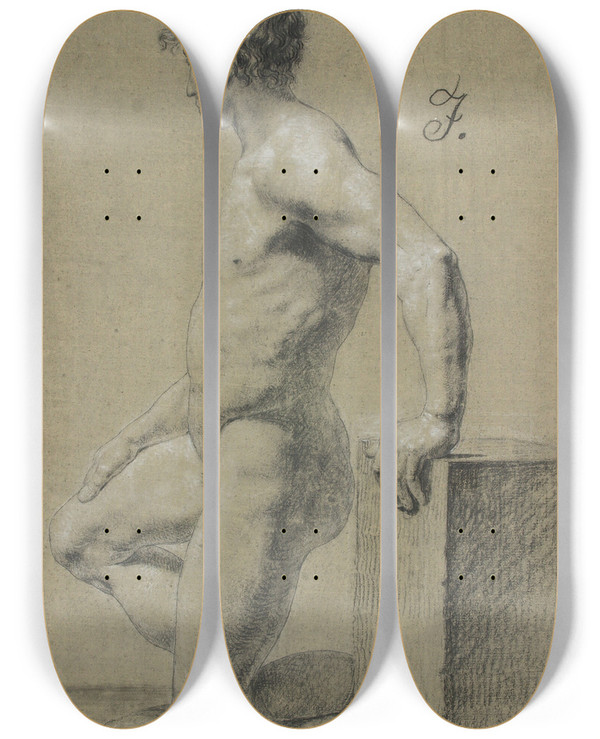 Triptych art skateboard deck of Christoffer Wilhelm Eckersberg Mandlig Knlende Modelfigur Profil Til Venstre by Christoffer Wilhelm Eckersberg (1783-1853)