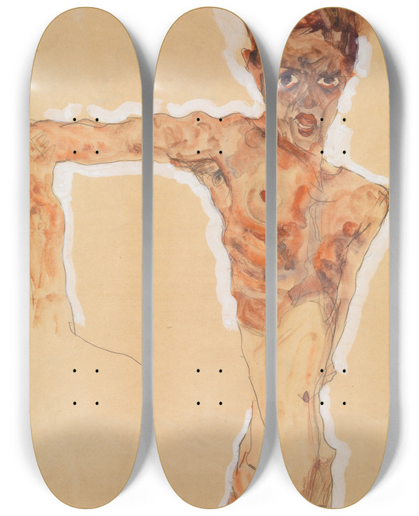 Triptych art skateboard deck of Egon Schiele Selfportrait_2 by Egon Schiele (1890-1918)