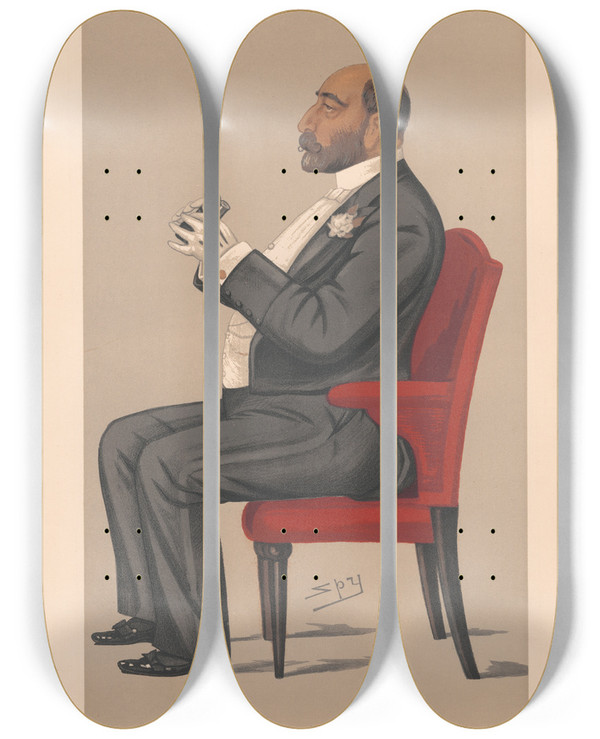 Triptych art skateboard deck of Leslie Matthew Ward Bankers And Financiers Mr Reuben Sassoon 20 September 1890 by Leslie Matthew Ward (1851-1922)