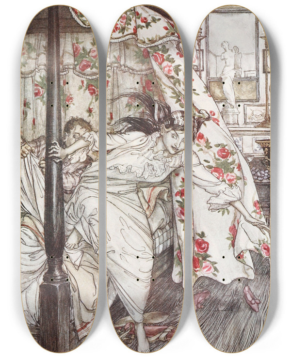 Triptych art skateboard deck of Arthur Rackham Venus And The Cat by Arthur Rackham (1867-1939)