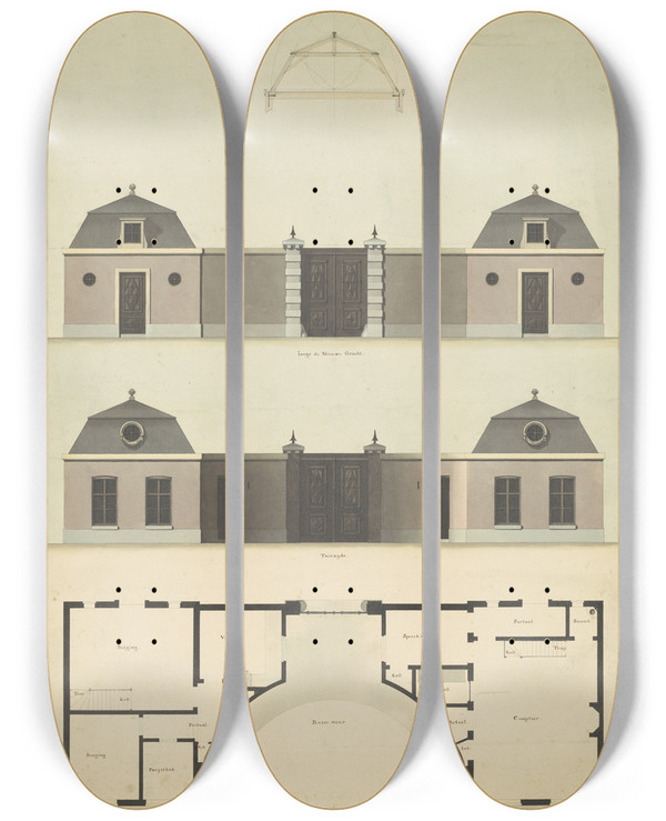 Triptych art skateboard deck of Abraham Van Der Hart Ontwerp Voor Een Poortgebouw Annex Kantoor by Abraham van der Hart (1747-1820)