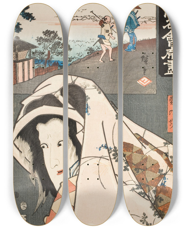 Triptych art skateboard deck of Utagawa Kunisada Toyokuni Iii The Futabatei Restaurant Actor Ichikawa Shinsha I As Aoi No Mae by Utagawa Kunisada (Toyokuni III) (1786-1865)