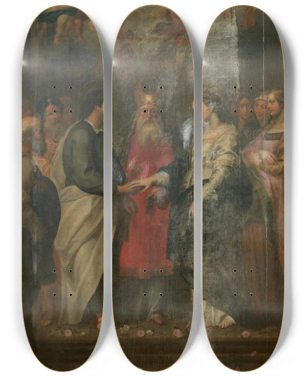 Triptych art skateboard deck of Gerard Seghers Marriage Of Mary by Gerard Seghers (1591-1651)