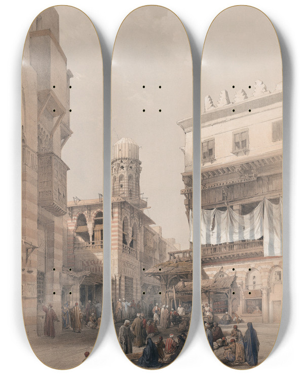 Triptych art skateboard deck of David Roberts Bazaar Of The Coppersmiths Cairo by David Roberts (1796-1864)