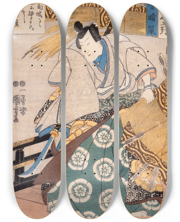 Triptych art skateboard deck of Utagawa Kuniyoshi Clearing After A Storm For Takechi by Utagawa Kuniyoshi (1797-1861)
