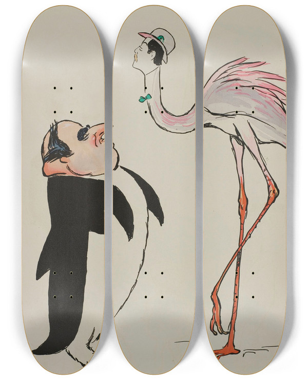Triptych art skateboard deck of Georges Goursat Sem Rodolphe Teutch Constant Say by Georges Goursat (Sem) (1863-1934)