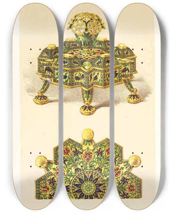 Triptych art skateboard deck of John Charles Robinson Spicebox In Silver Gilt Enriched With Translucent Enamels by John Charles Robinson (1824-1913)