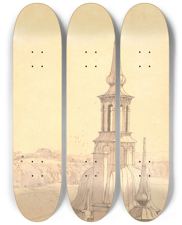 Triptych art skateboard deck of Christen Kbke One Of The Small Towers On Frederiksborg Castle by Christen Kobke (1810-1848)