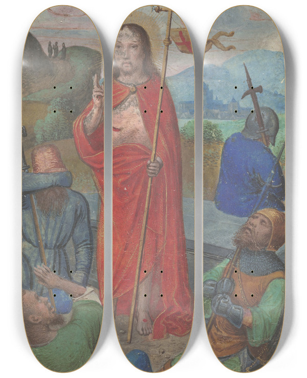 Triptych art skateboard deck of Simon Bening The Resurrection by Simon Bening (1483-1561)