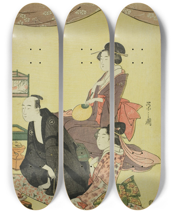 Triptych art skateboard deck of Chbunsai Eishi A Banquet Scene by Chobunsai Eishi (1756-1829)