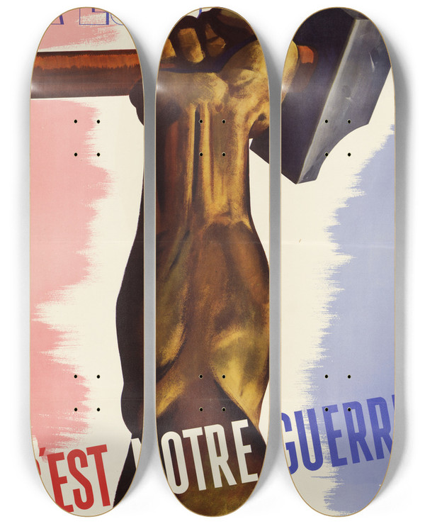 Triptych art skateboard deck of Eric Aldwinckle A Loeuvre Cest Notre Guerre by Eric Aldwinckle (1909-1980)