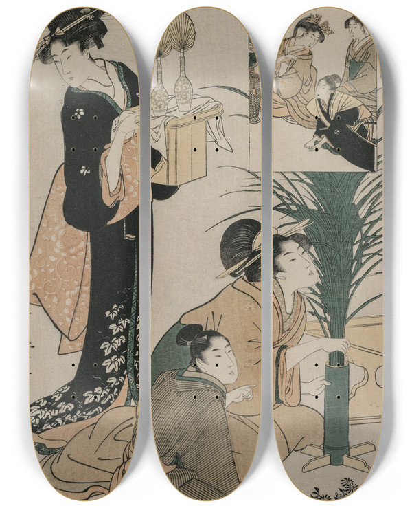 Triptych art skateboard deck of Kitagawa Utamaro Chushingura Act Iv Of The Storehouse Of Loyalty by Kitagawa Utamaro (1753-1806)