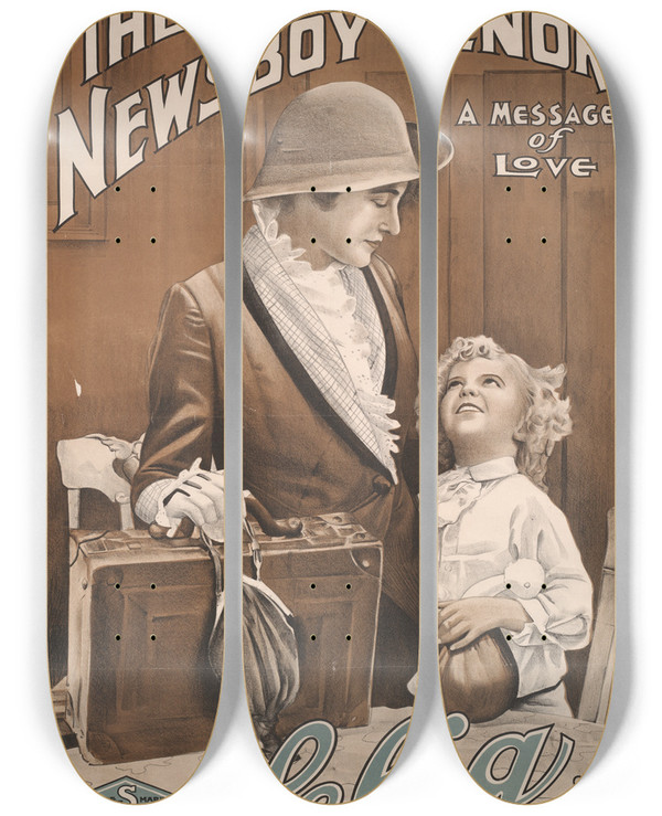 Triptych art skateboard deck of Goes Litho Co The Newsboy Tenor A Message Of Love by Goes Litho Co (19-20-)