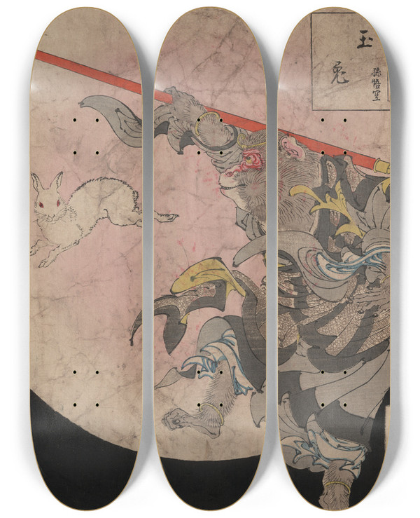 Triptych art skateboard deck of Tsukioka Yoshitoshi Tamausagi Songok_2 by Tsukioka Yoshitoshi (1839-1892)