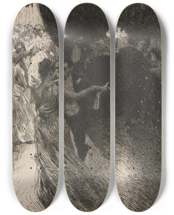 Triptych art skateboard deck of Anders Zorn The Waltz by Anders Zorn (1860-1920)