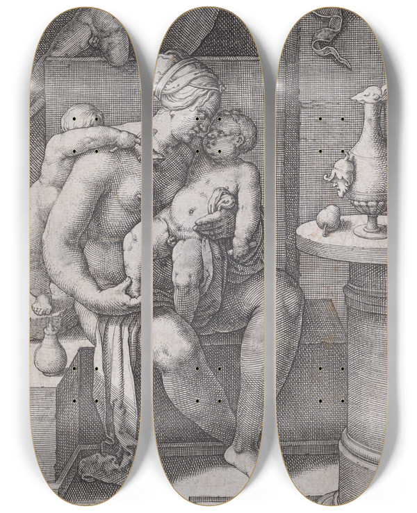 Triptych art skateboard deck of Lucas Van Leyden Caritas by Lucas Van Leyden (1494-1533)