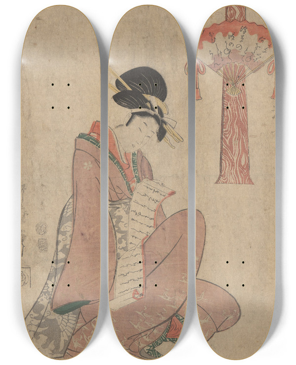 Triptych art skateboard deck of Kitagawa Utamaro Woman With Scroll by Kitagawa Utamaro (1753-1806)
