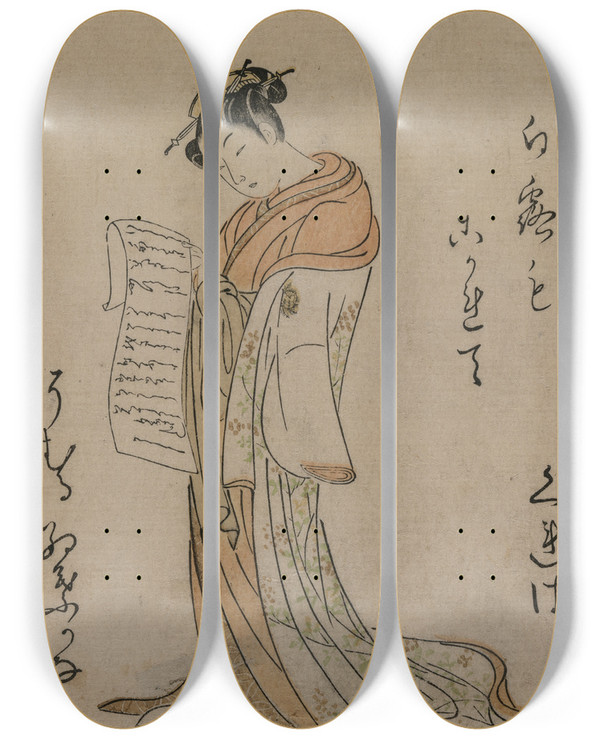 Triptych art skateboard deck of Suzuki Harunobu Courtesan Reading A Letter From The Series Collection Of Beauties Of The Green Houses by Suzuki Harunobu (1724-1770)