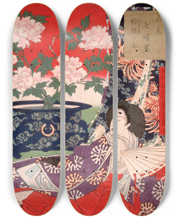 Triptych art skateboard deck of Tsukioka Yoshitoshi Earth For The Potted Plant by Tsukioka Yoshitoshi (1839-1892)