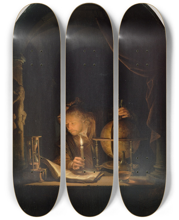 Triptych art skateboard deck of Gerrit Dou Astronomer By Candlelight by Gerrit Dou (1613-1675)