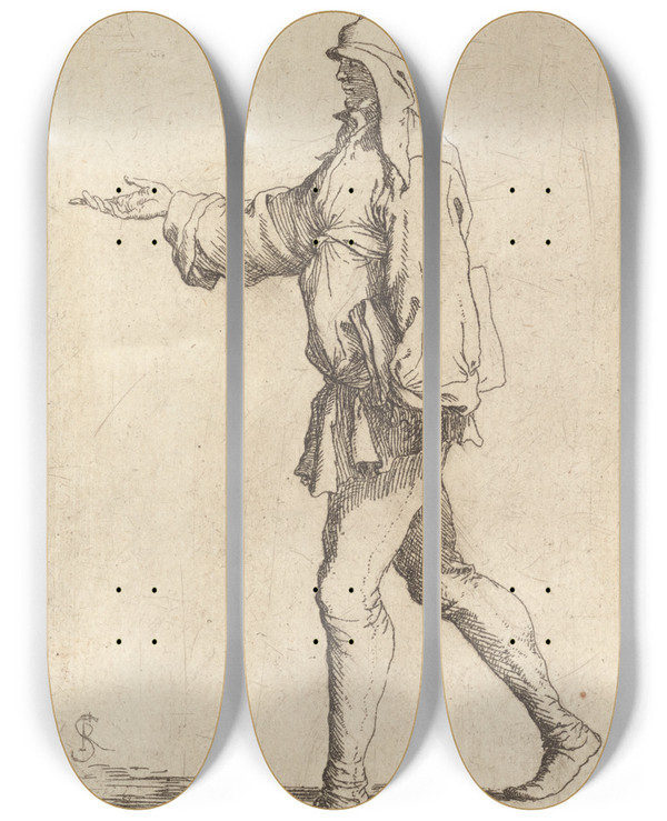 Triptych art skateboard deck of Salvator Rosa Man Striding With Right Arm Outstretched by Salvator Rosa (1615-1673)