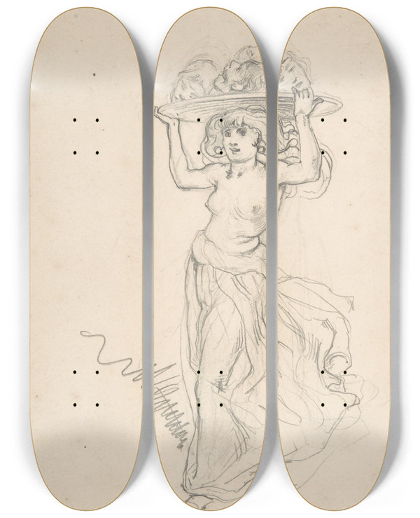 Triptych art skateboard deck of William Bell Scott Girl Carrying A Tray With Four Heads by William Bell Scott (1811-1890)